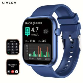 Smart Waterproof Glucose Watch Answer Calls 100 Sport Modes (Color: Blue)